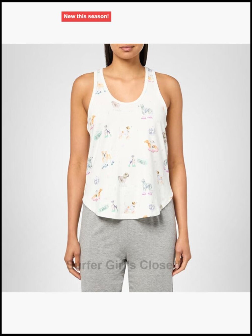Ivory Scallop Neck Sleeveless Tank Top Fun Dog Roller Skate Print
